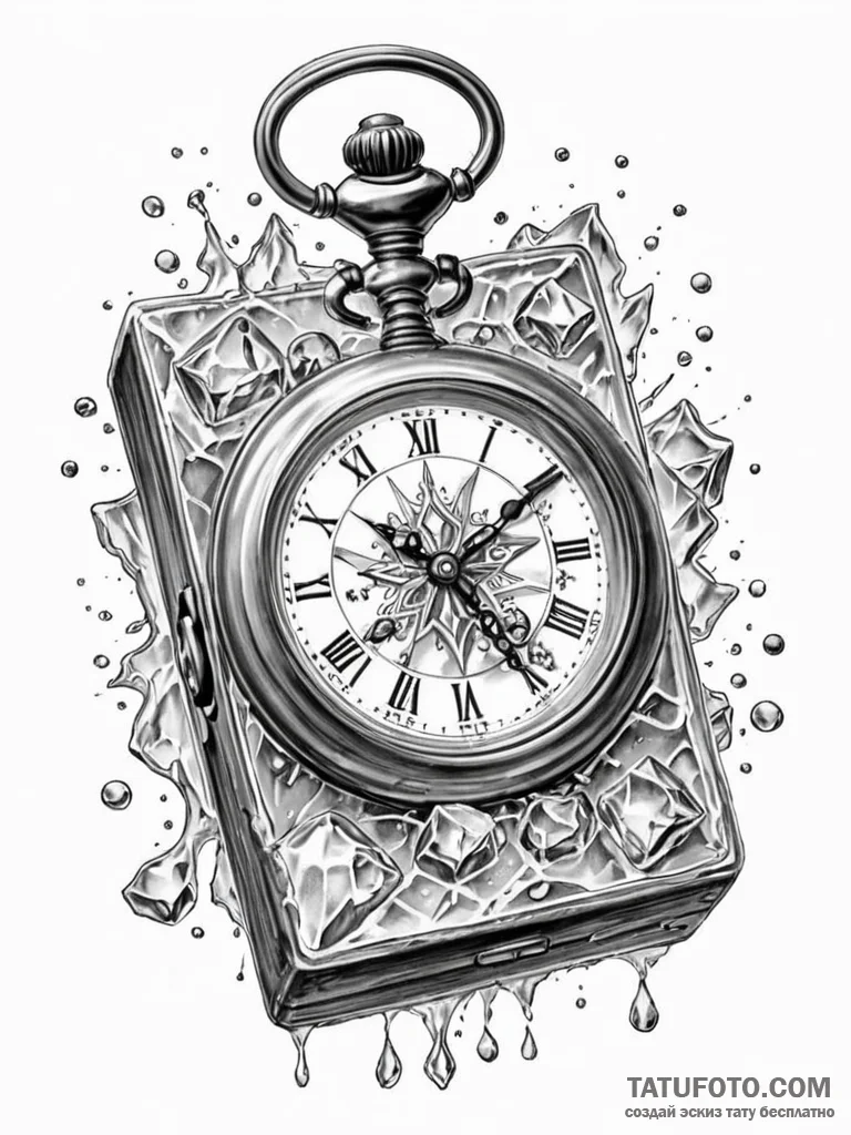Tattoo sketch, frozen timepiece, a detailed a... - эскиз тату (№1752379492_0, 13.07.2025 04:04) — Tatufoto.com