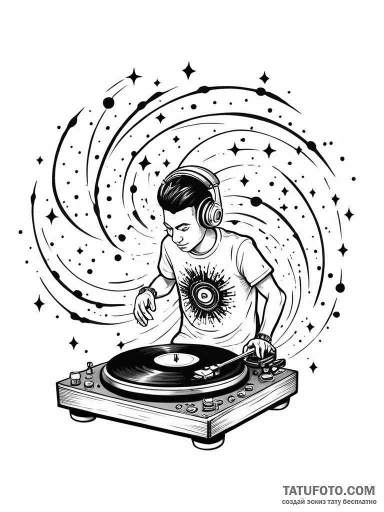 Tattoo sketch, dynamic disc jockey, a dj turn... - эскиз тату (№1752380170_0, 13.07.2025 04:16) — Tatufoto.com