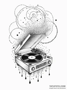 Tattoo sketch, broken record player emitting... - эскиз тату (№1752380508_0, 13.07.2025 04:21) — Tatufoto.com