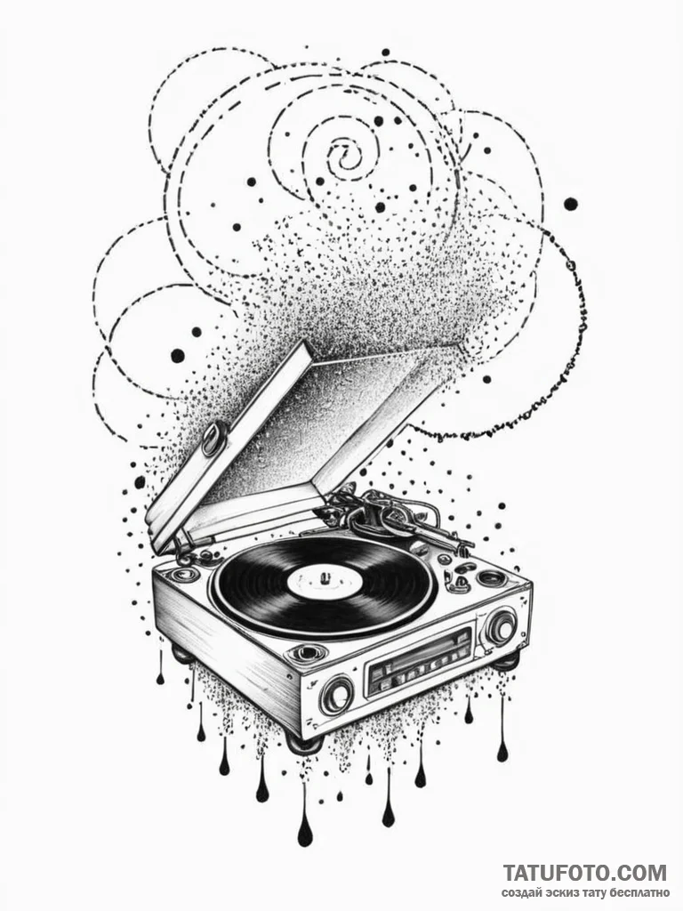 Tattoo sketch, broken record player emitting... - эскиз тату (№1752380508_0, 13.07.2025 04:21) — Tatufoto.com