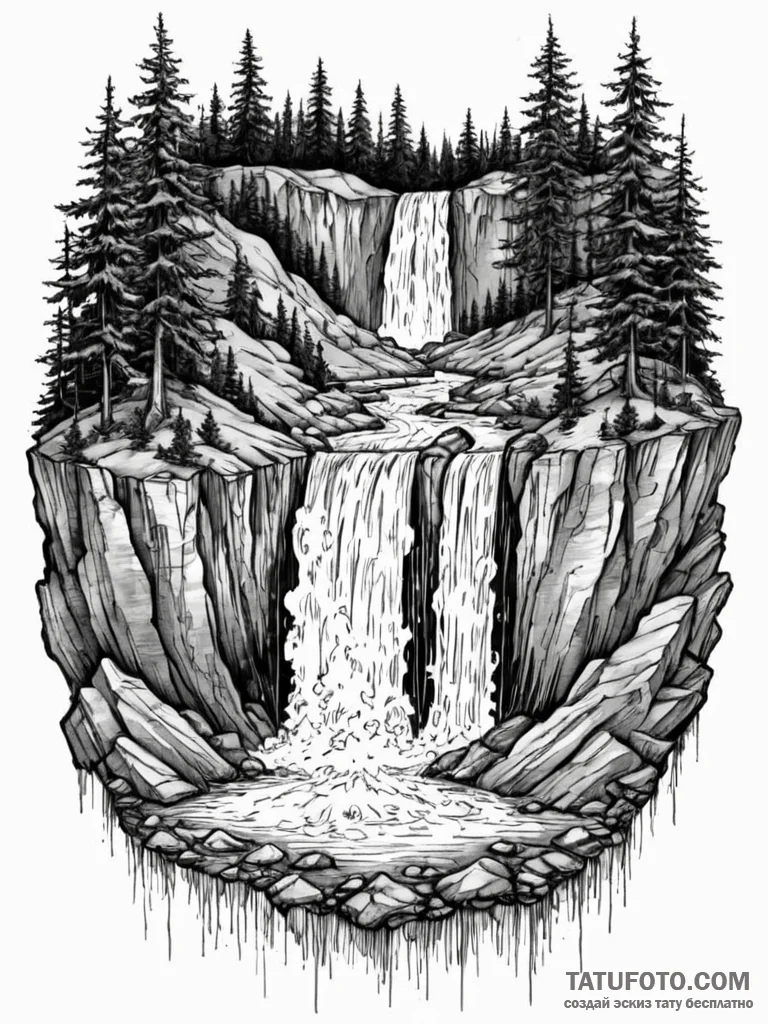 Tattoo sketch, whispering waterfall of time,... - эскиз тату (№1752381186_0, 13.07.2025 04:33) — Tatufoto.com