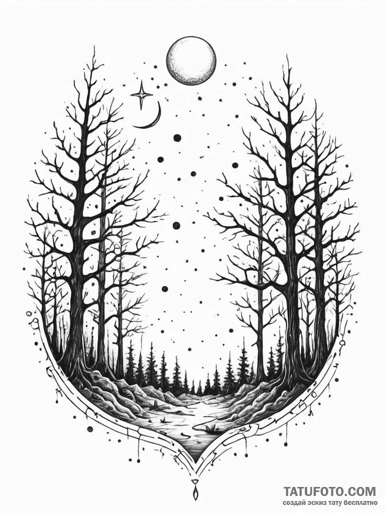 Tattoo sketch, moonlit quantum forest, a dark... - эскиз тату (№1752381695_0, 13.07.2025 04:41) — Tatufoto.com