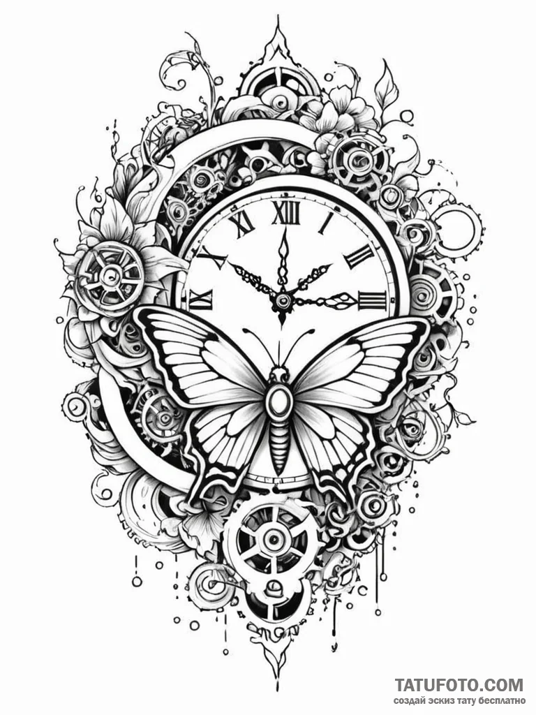 Tattoo sketch, chrono-butterfly: a butterfly... - эскиз тату (№1752382122_0, 13.07.2025 04:48) — Tatufoto.com