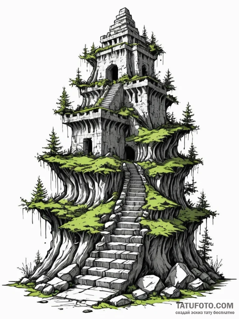 Tattoo sketch, ziggurat of forgotten gods (di... - эскиз тату (№1752382293_0, 13.07.2025 04:51) — Tatufoto.com