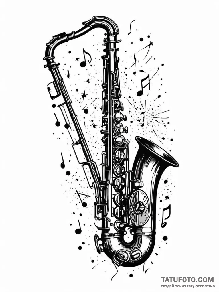 Tattoo sketch, jazz saxophone, cosmic notes,... - эскиз тату (№1752382632_0, 13.07.2025 04:57) — Tatufoto.com
