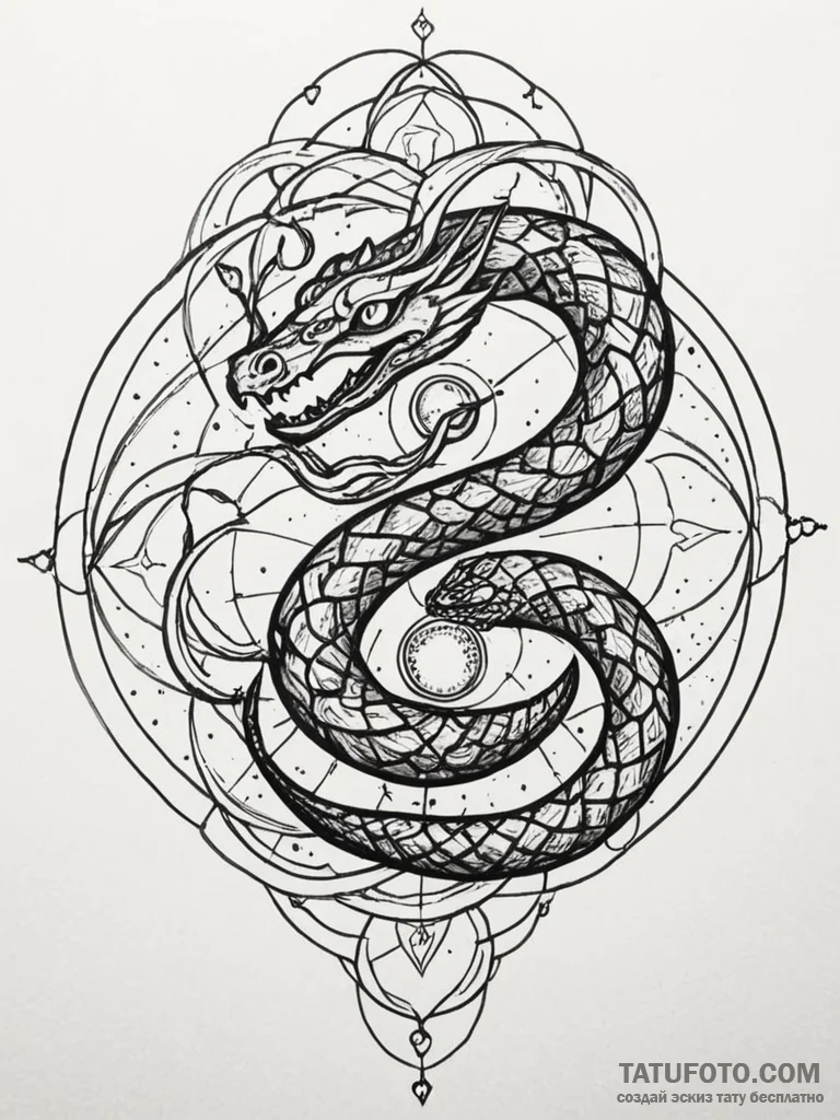 Tattoo sketch, serpent of quantum wisdom, a s... - эскиз тату (№1752382718_0, 13.07.2025 04:58) — Tatufoto.com