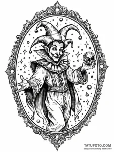 Tattoo sketch, jester's cosmic mirror, a jest... - эскиз тату (№1752382971_0, 13.07.2025 05:02) — Tatufoto.com
