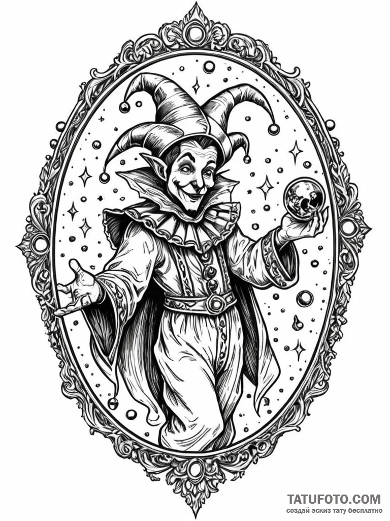 Tattoo sketch, jester's cosmic mirror, a jest... - эскиз тату (№1752382971_0, 13.07.2025 05:02) — Tatufoto.com