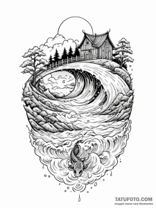 Tattoo sketch, floating data farm, a serene,... - эскиз тату (№1752383058_0, 13.07.2025 05:04) — Tatufoto.com