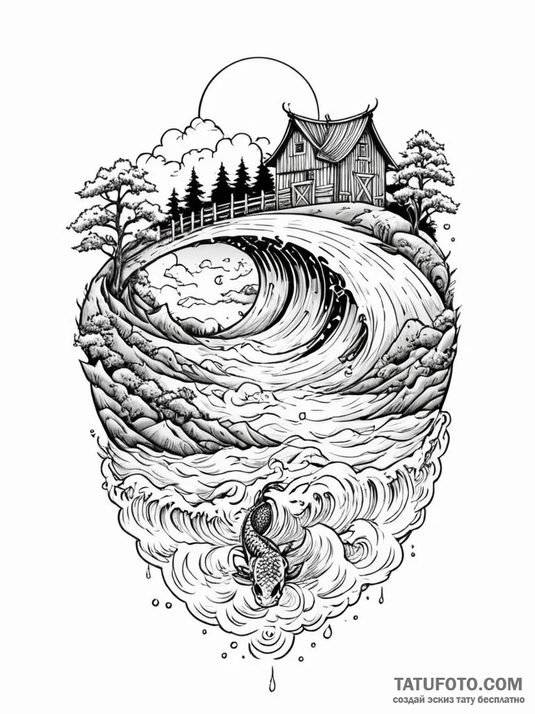 Tattoo sketch, floating data farm, a serene,... - эскиз тату (№1752383058_0, 13.07.2025 05:04) — Tatufoto.com