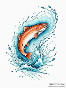 Tattoo sketch, jumping salmon, data stream ri... - эскиз тату (№1752383143_0, 13.07.2025 05:05) — Tatufoto.com