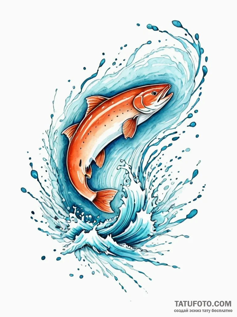 Tattoo sketch, jumping salmon, data stream ri... - эскиз тату (№1752383143_0, 13.07.2025 05:05) — Tatufoto.com