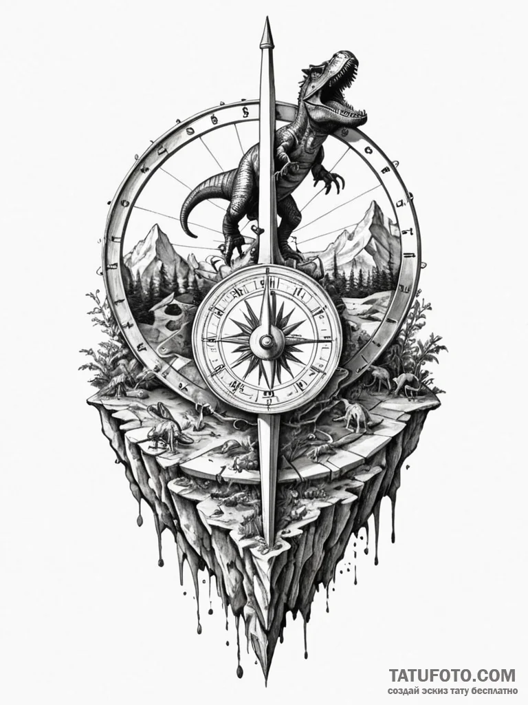 Tattoo sketch, sundial of shifting eras, an a… — эскиз тату (№1752383399_0, 13.07.2025 05:09) — Tatufoto.com
