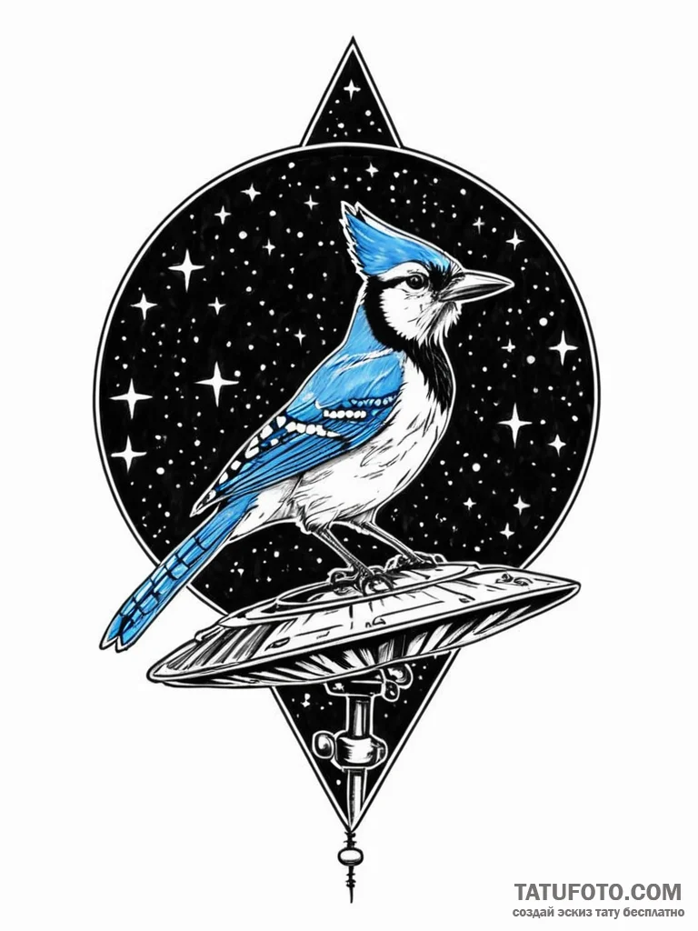 Tattoo sketch, blue jay perched on a rusted,... - эскиз тату (№1752383569_0, 13.07.2025 05:12) — Tatufoto.com