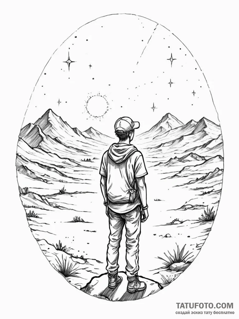Tattoo sketch, youthful pioneer, virtual hori... - эскиз тату (№1752383995_0, 13.07.2025 05:19) — Tatufoto.com