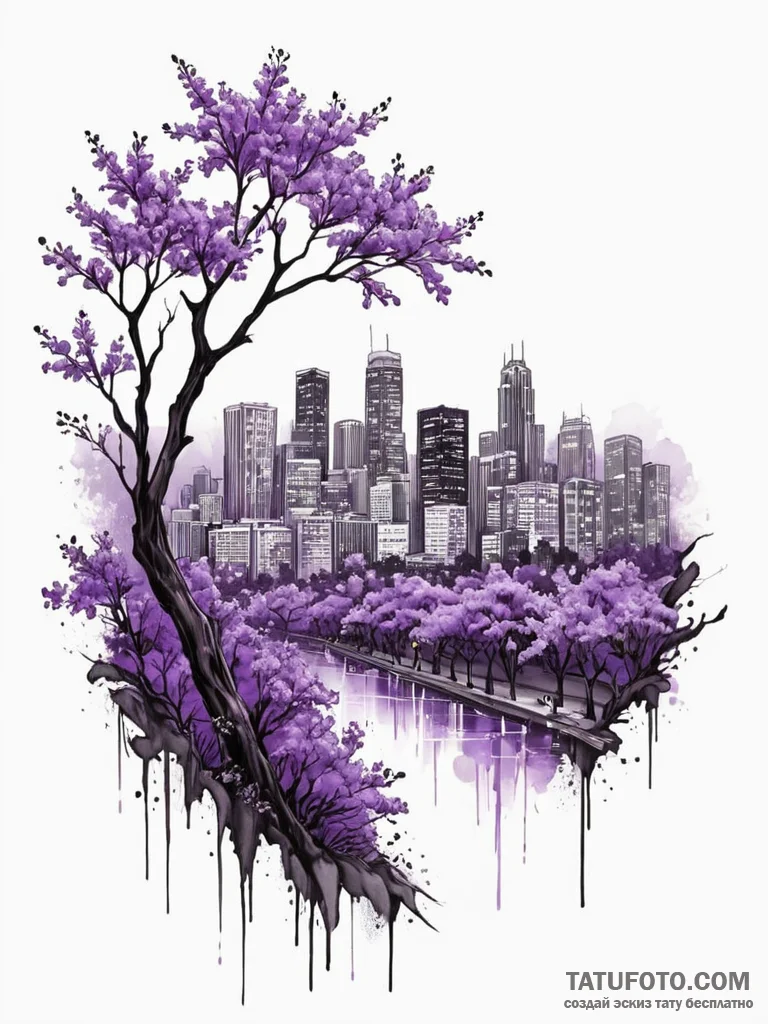Tattoo sketch, jacaranda bloom, urban glow, a... - эскиз тату (№1752384592_0, 13.07.2025 05:29) — Tatufoto.com