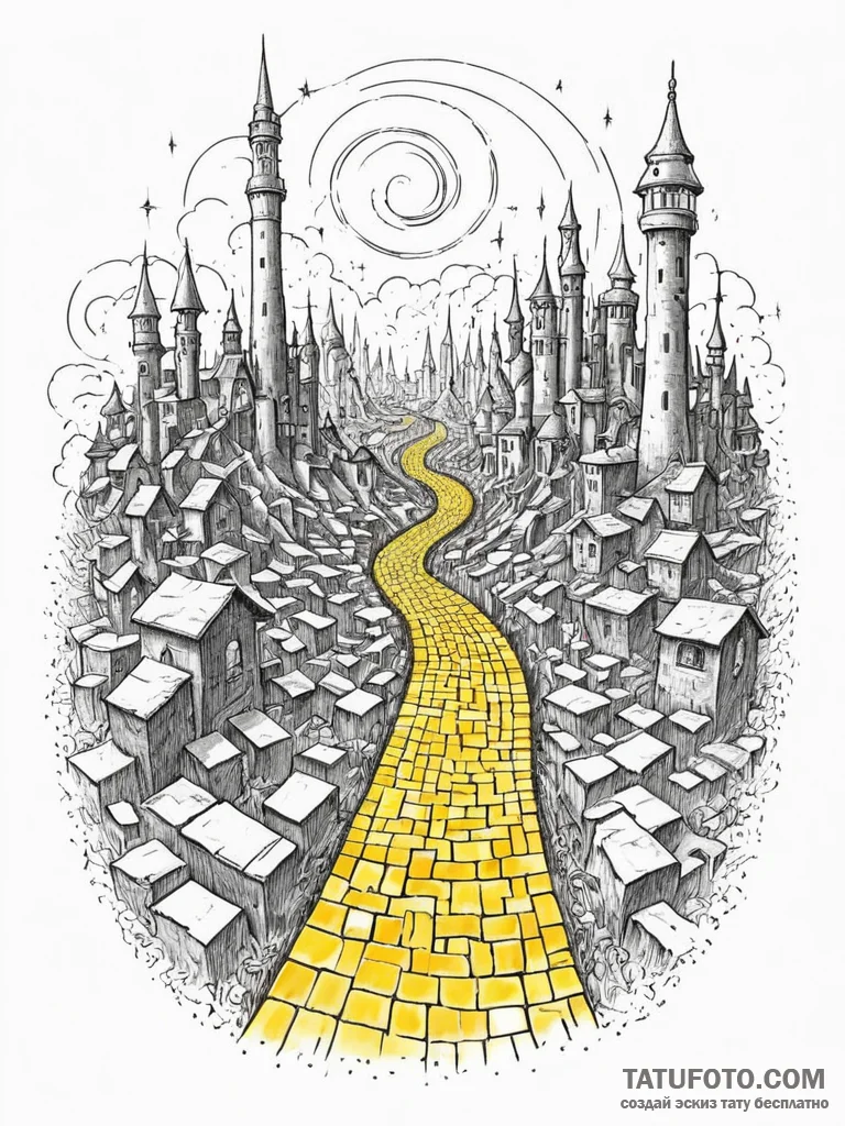 Tattoo sketch, yellow brick road of code, a w... - эскиз тату (№1752384934_0, 13.07.2025 05:35) — Tatufoto.com