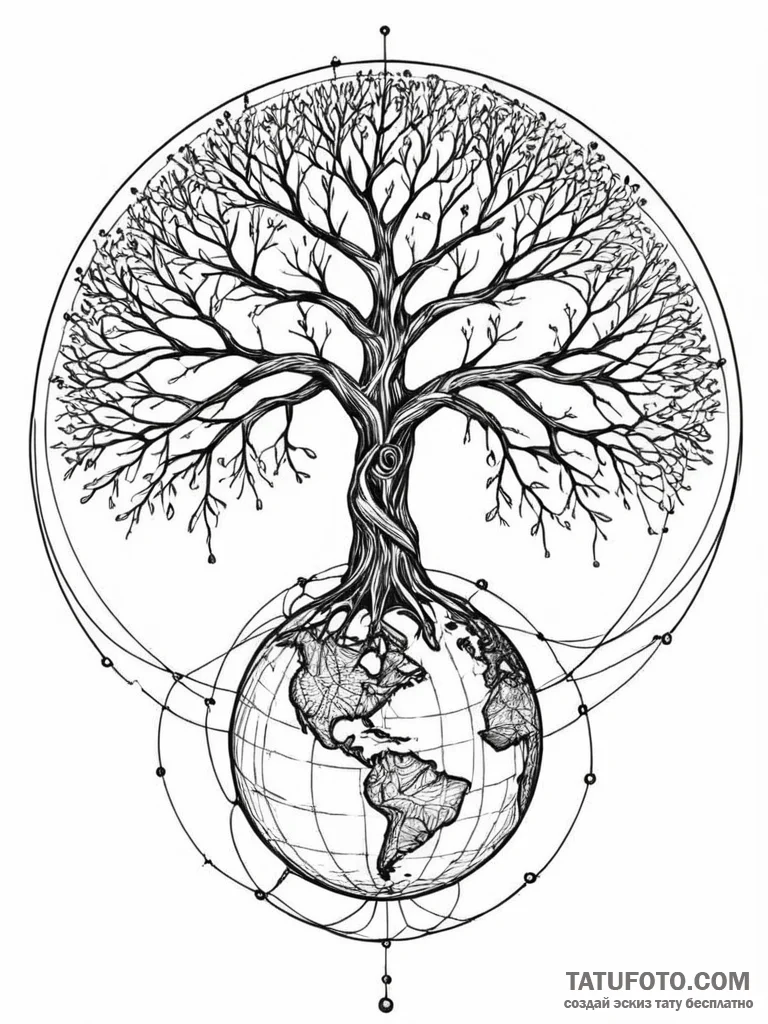 Tattoo sketch, global network tree, a majesti... - эскиз тату (№1752385960_0, 13.07.2025 05:52) — Tatufoto.com