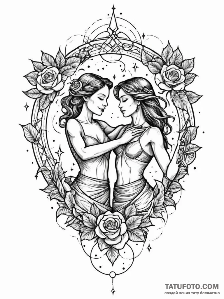 Tattoo sketch, joyful cosmic dance, two styli... - эскиз тату (№1752386300_0, 13.07.2025 05:58) — Tatufoto.com