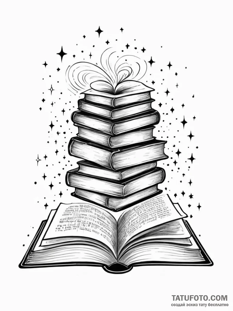 Tattoo sketch, floating library books, a clus... - эскиз тату (№1752386810_0, 13.07.2025 06:06) — Tatufoto.com