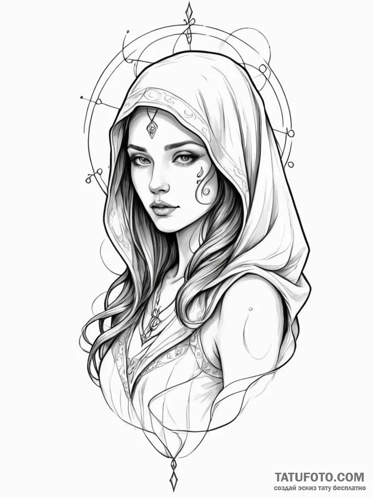 Tattoo sketch, veiled oracle, digital whisper… — эскиз тату (№1752387067_0, 13.07.2025 06:11) — Tatufoto.com