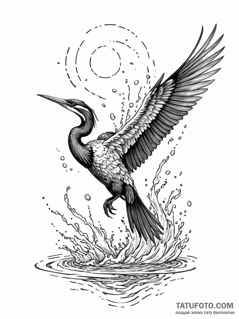 Tattoo sketch, anhinga bird diving into a pix... - эскиз тату (№1752388089_0, 13.07.2025 06:28) — Tatufoto.com