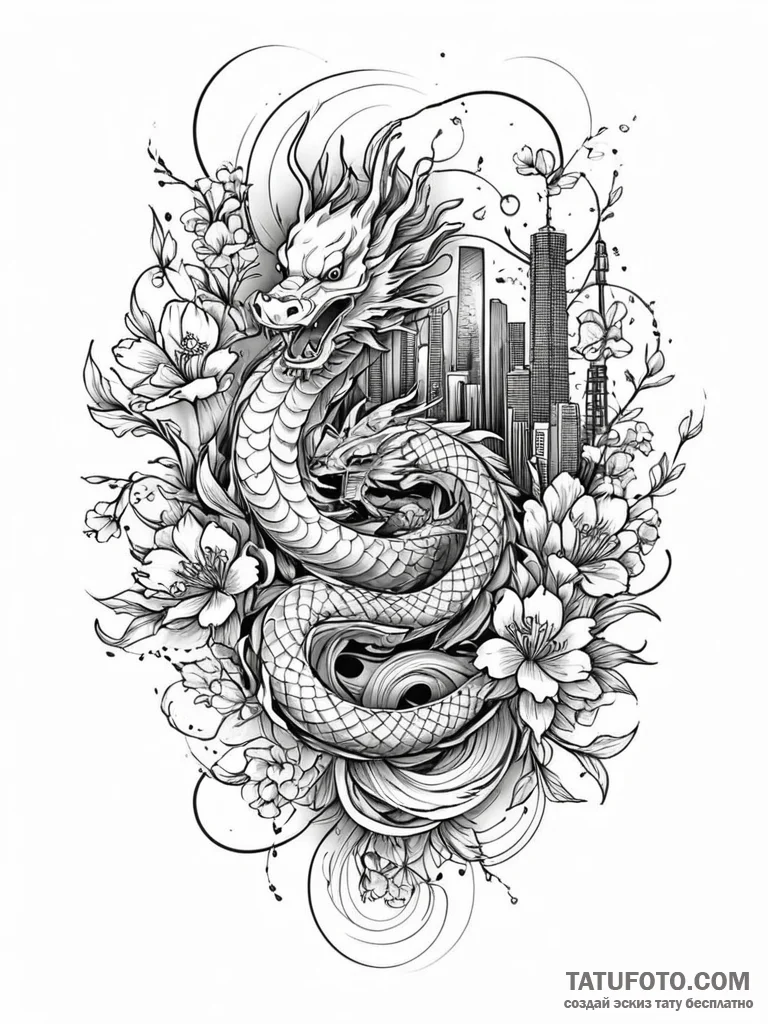 Tattoo sketch, sprawling smart city bloom, an... - эскиз тату (№1752388343_0, 13.07.2025 06:32) — Tatufoto.com