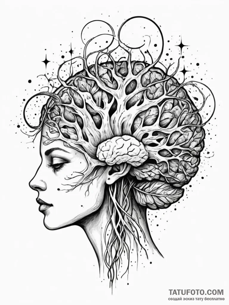 Tattoo sketch, human mind, cosmic connection,… — эскиз тату (№1752388770_0, 13.07.2025 06:39) — Tatufoto.com