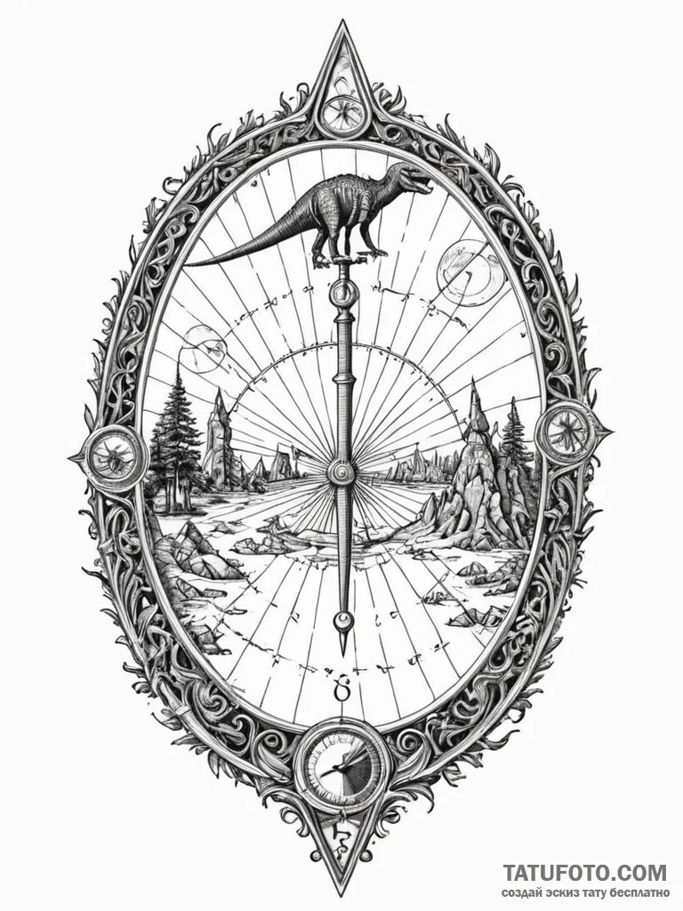 Tattoo sketch, sundial of shifting eras, an a... - эскиз тату (№1752388942_0, 13.07.2025 06:42) — Tatufoto.com