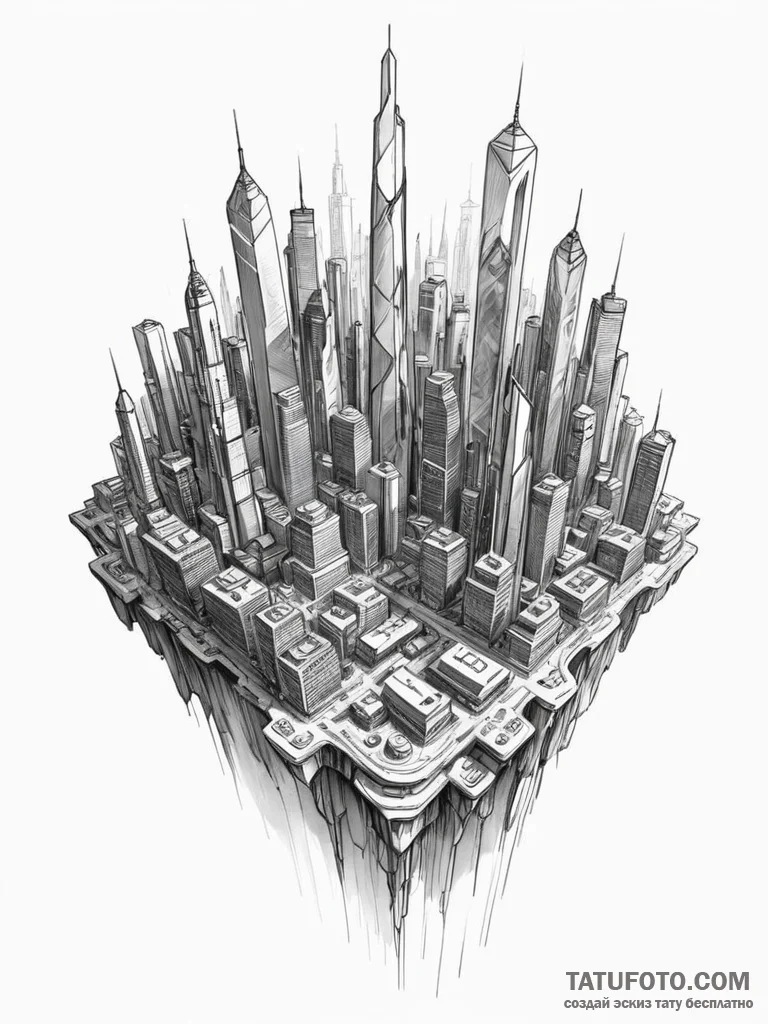 Tattoo sketch, zenith view, digital cityscape... - эскиз тату (№1752389028_0, 13.07.2025 06:43) — Tatufoto.com