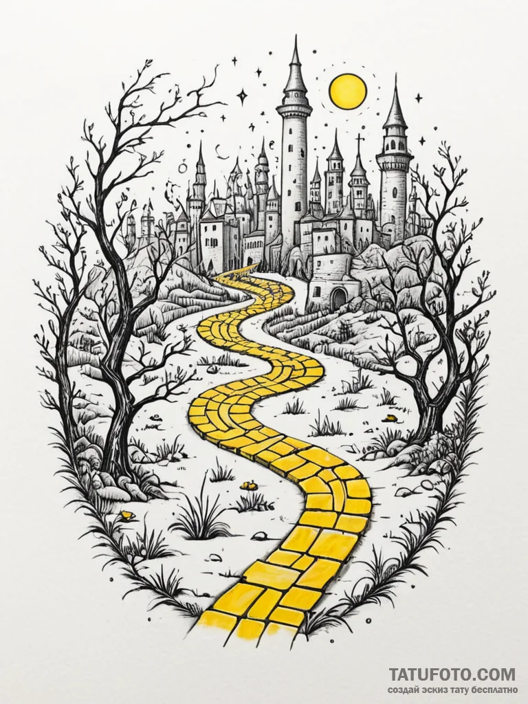 Tattoo sketch, yellow brick road of code, a w... - эскиз тату (№1752389113_0, 13.07.2025 06:45) — Tatufoto.com