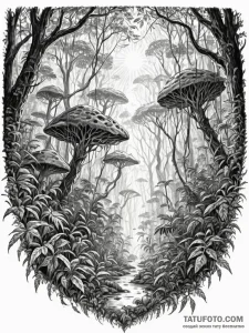 Tattoo sketch, jungle canopy, hidden network,... - эскиз тату (№1752389369_0, 13.07.2025 06:49) — Tatufoto.com