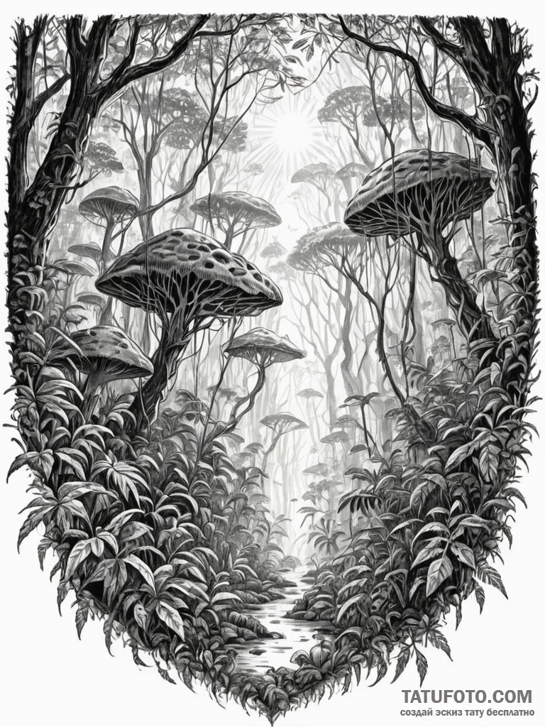 Tattoo sketch, jungle canopy, hidden network,... - эскиз тату (№1752389369_0, 13.07.2025 06:49) — Tatufoto.com