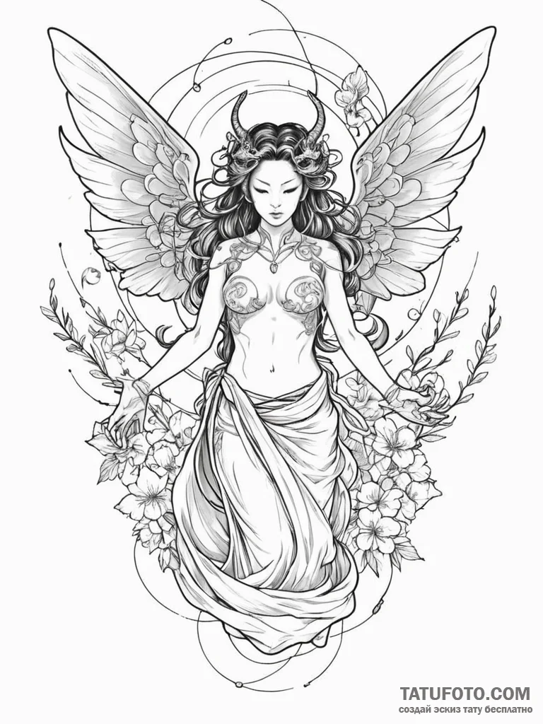 Tattoo sketch, divine digital avatar, a seren... - эскиз тату (№1752390381_0, 13.07.2025 07:06) — Tatufoto.com