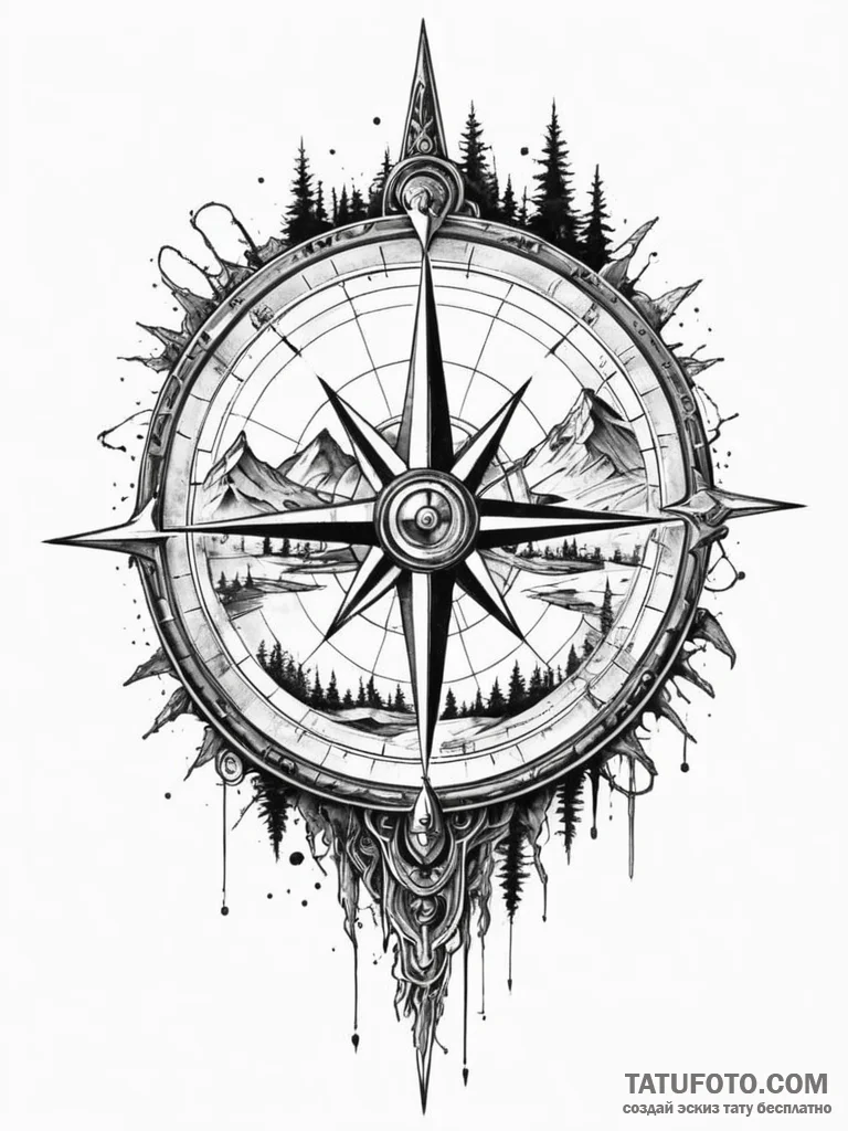 Tattoo sketch, jagged journey compass, an ant... - эскиз тату (№1752390978_0, 13.07.2025 07:16) — Tatufoto.com