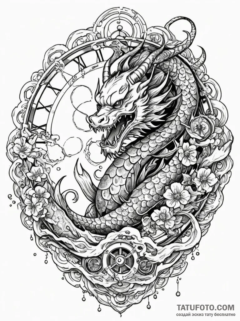 Tattoo sketch, cosmic clockwork: an intricate… — эскиз тату (№1752391402_0, 13.07.2025 07:23) — Tatufoto.com