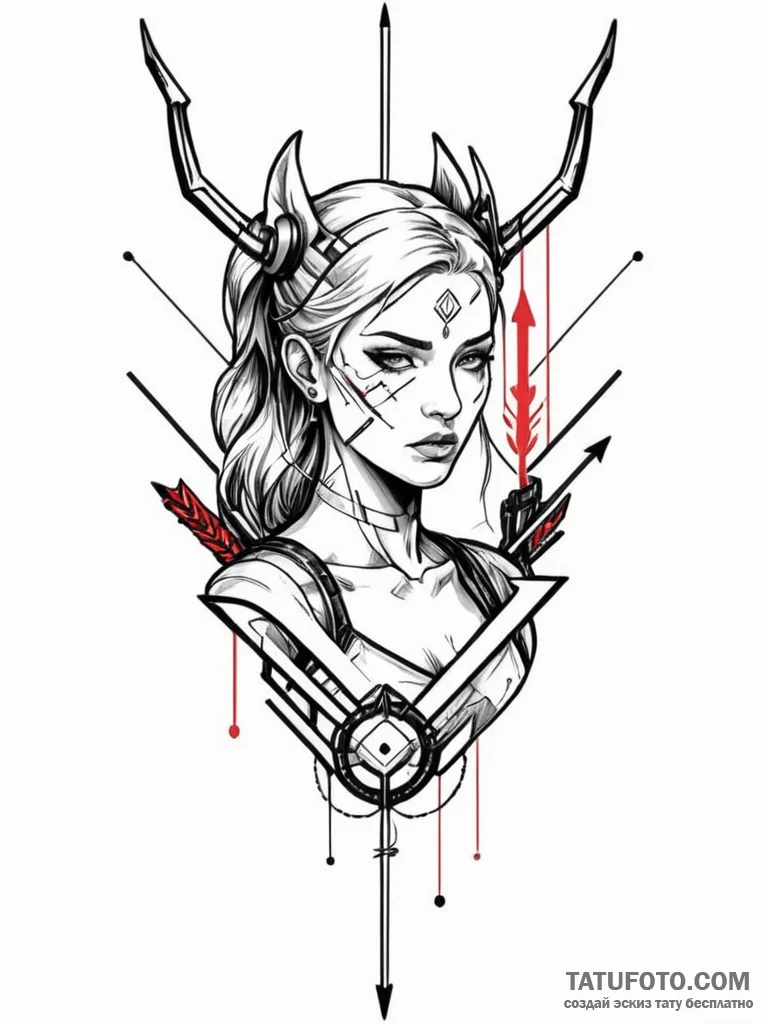 Tattoo sketch, artemis with a cyberpunk bow a… — эскиз тату (№1752391488_0, 13.07.2025 07:24) — Tatufoto.com
