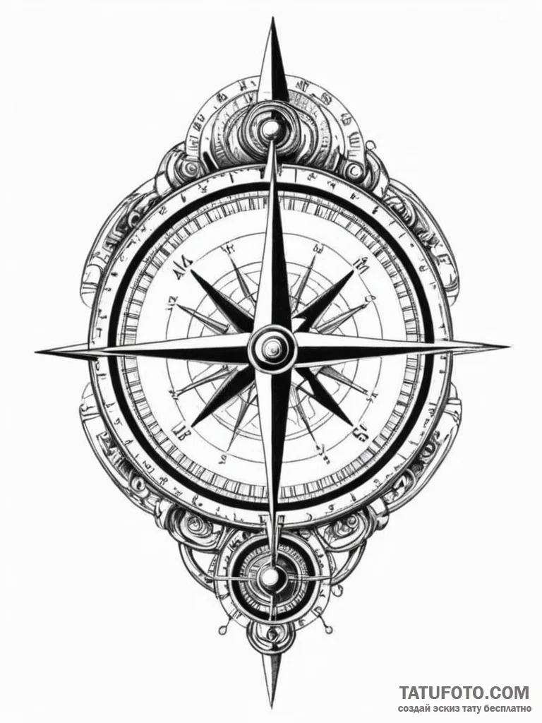 Tattoo sketch, antique compass pointing towar... - эскиз тату (№1752392682_0, 13.07.2025 07:44) — Tatufoto.com