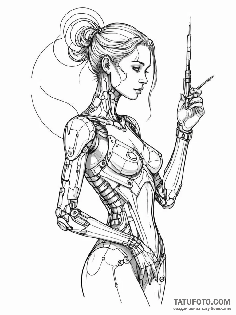 Tattoo sketch, muse of the machine, a serene,... - эскиз тату (№1752393458_0, 13.07.2025 07:57) — Tatufoto.com