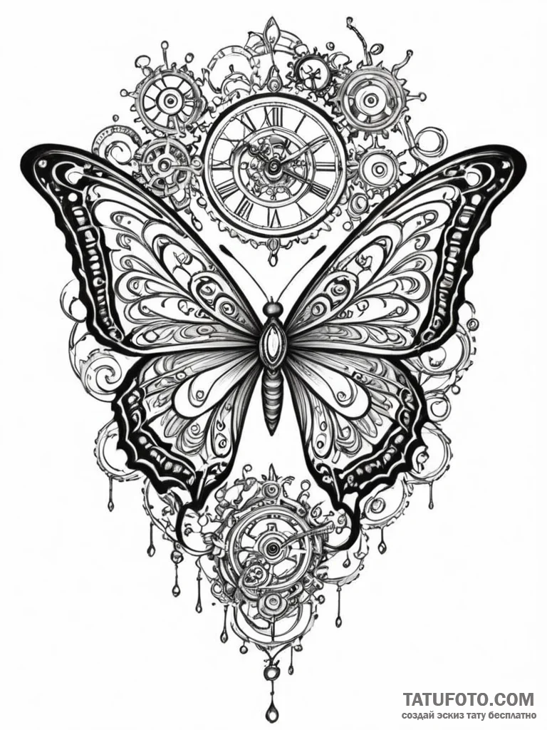 Tattoo sketch, chrono-butterfly: a butterfly... - эскиз тату (№1752394410_0, 13.07.2025 08:13) — Tatufoto.com