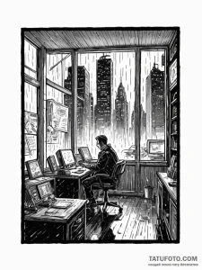 Tattoo sketch, neon noir detective's office,... - эскиз тату (№1752395273_0, 13.07.2025 08:27) — Tatufoto.com