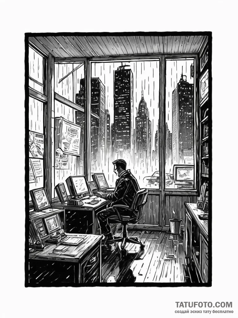 Tattoo sketch, neon noir detective's office,... - эскиз тату (№1752395273_0, 13.07.2025 08:27) — Tatufoto.com