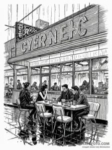 Tattoo sketch, dystopian diner, a classic ame... - эскиз тату (№1752395445_0, 13.07.2025 08:30) — Tatufoto.com