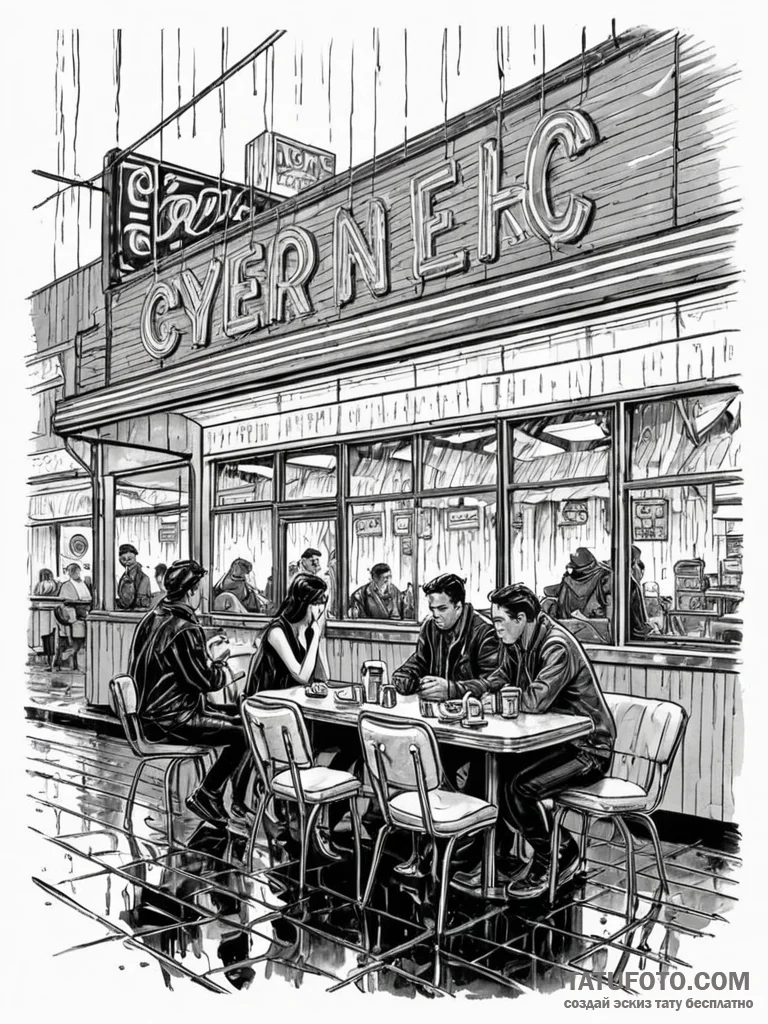 Tattoo sketch, dystopian diner, a classic ame... - эскиз тату (№1752395445_0, 13.07.2025 08:30) — Tatufoto.com