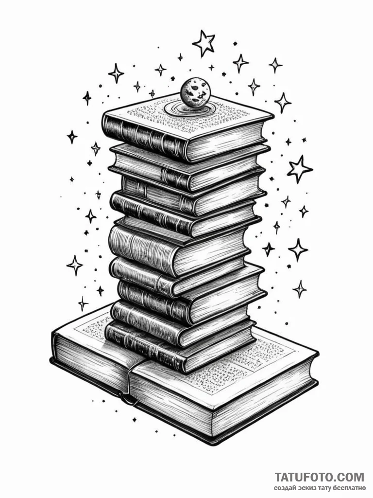 Tattoo sketch, gravity-defying bookshelf, a b... - эскиз тату (№1752396217_0, 13.07.2025 08:43) — Tatufoto.com