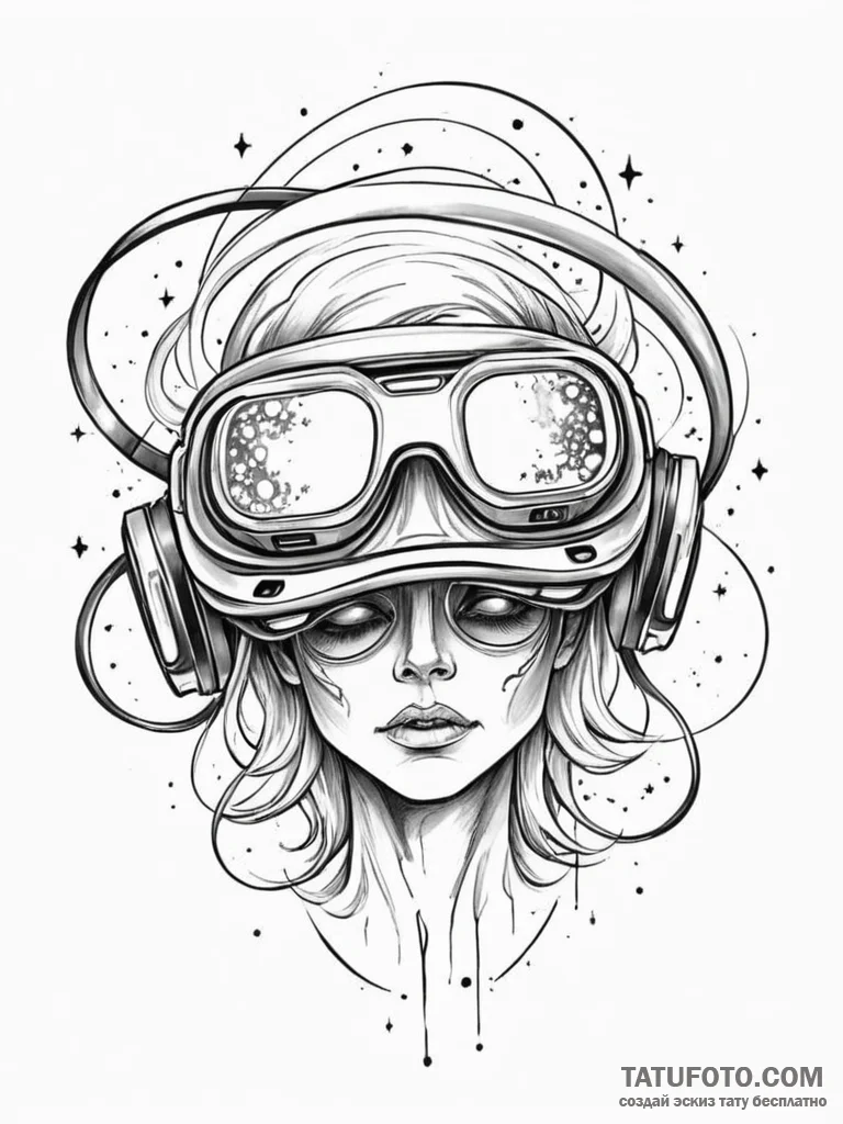 Tattoo sketch, virtual reality headset, cosmi... - эскиз тату (№1752396731_0, 13.07.2025 08:52) — Tatufoto.com