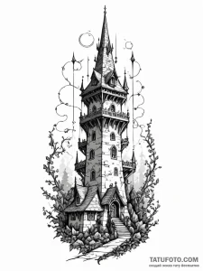 Tattoo sketch, wizard's tower, networked spir... - эскиз тату (№1752397507_0, 13.07.2025 09:05) — Tatufoto.com