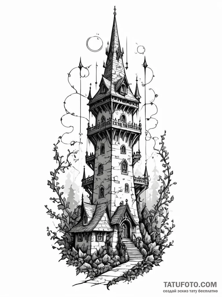 Tattoo sketch, wizard's tower, networked spir... - эскиз тату (№1752397507_0, 13.07.2025 09:05) — Tatufoto.com