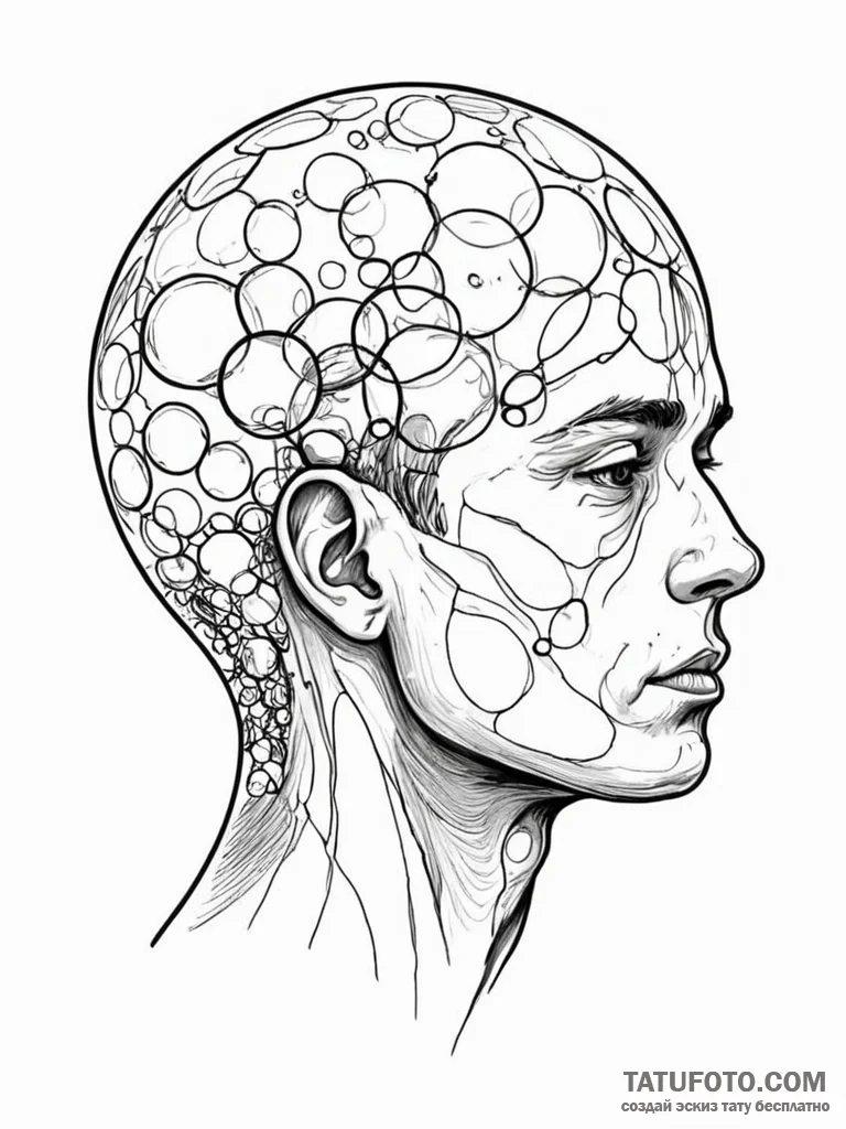 Tattoo sketch, filter bubble head, a stylized... - эскиз тату (№1752397941_0, 13.07.2025 09:12) — Tatufoto.com