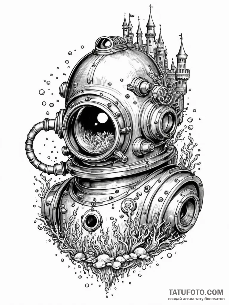 Tattoo sketch, dreaming deep sea diver, an ol... - эскиз тату (№1752398113_0, 13.07.2025 09:15) — Tatufoto.com